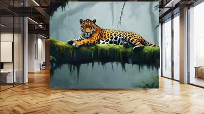 Serene jaguar resting on a mossy tree branch amidst a lush, misty rainforest Wall mural