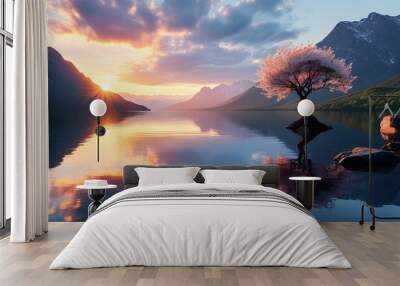 Serene mountain lake at sunrise with vibrant reflections and a solitary blooming tree embodying tranquility and beauty Wall mural