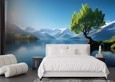 Serene mountain lake reflecting clear blue skies and vibrant sunlight with a solitary tree framing the picturesque scene Wall mural