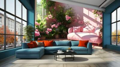 Serene pink sanctuary adorned with a vibrant blooming plant and soft sunlight creating enchanting shadows across the space Wall mural