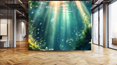 Serene underwater dreamscape illuminated by sunlight with green hues, floating bubbles, and aquatic plants Wall mural