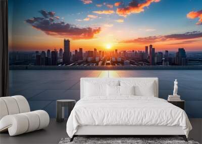 Serene urban skyline at sunset with empty rooftop, panoramic city horizon against a clear sky, perfect for presentations and backgrounds Wall mural