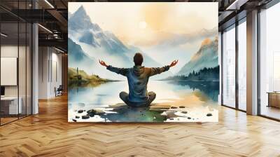 Serene watercolor depiction of a meditative figure embracing a tranquil mountainous landscape, embodying peace, balance, and unity with nature Wall mural