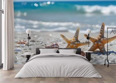 Serene white sand beach adorned with starfish and conch shells against a vibrant blue sea backdrop Wall mural