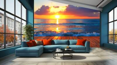 Serene wooden floor overlooking the tranquil sea at sunset Wall mural