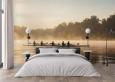 Silhouetted rowers gliding on a misty river at sunrise with golden light illuminating the trees and water Wall mural