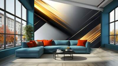 Sleek Modern Abstract Background with Black and White Gradient, Gold Accents, and Diagonal Lines on a Soft Textured Surface Wall mural