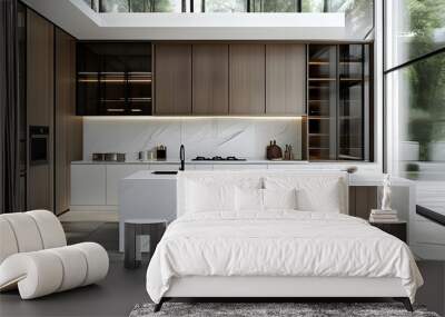 Sleek modern kitchen with white marble countertops, minimalistic cabinetry, and expansive windows for natural light Wall mural