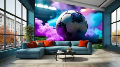 Soccer ball on a vibrant field surrounded by dramatic purple and blue smoke clouds Wall mural