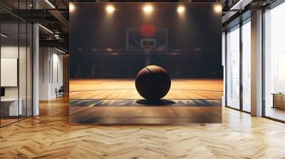 Solitary basketball resting on the court in a moody, softly lit gym atmosphere Wall mural