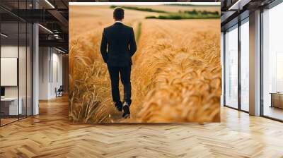 solitary businessman in a suit traversing a golden wheat field under a vast blue sky Wall mural