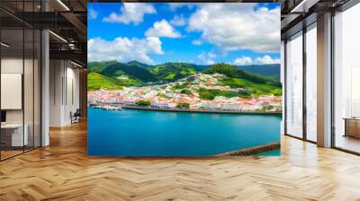 Spectacular Horta city on Faial Island of Azores embraced by stunning ocean views and lush hills Wall mural