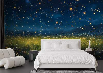 Starlit Sky Over a Serene Grass Field Illuminated by Dancing Fireflies Wall mural