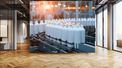 Streamlined Production of Bottles on a Conveyor Belt in an Industrial Factory Environment Wall mural