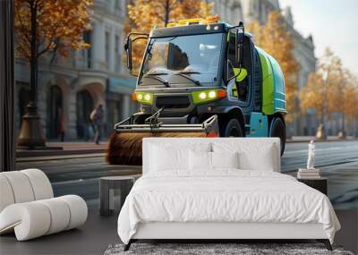 Street sweeper diligently cleaning urban streets for a tidy and polished city environment Wall mural