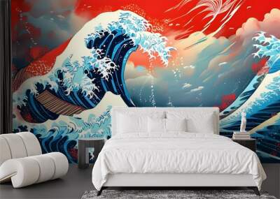 Striking Japanese-inspired illustration featuring stormy sea waves in vibrant red hues adorned with intricate patterns Wall mural