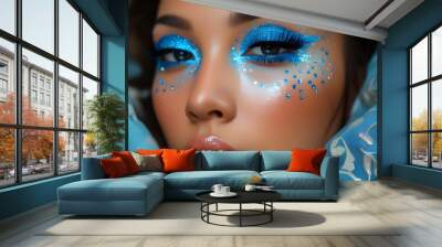 Stunning close-up of a woman showcasing vibrant blue artistic eye makeup adorned with glitters and intricate designs Wall mural