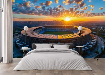 Stunning stadium illuminated by golden sunrise against a backdrop of fluffy clouds and vibrant cityscape Wall mural