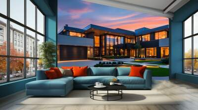 Stylish contemporary home exterior featuring elegant landscaping and enchanting dusk lighting Wall mural