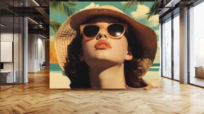 Stylish summer beach collage featuring a young woman in sunglasses, blending retro aesthetics with contemporary art for a vibrant poster design Wall mural