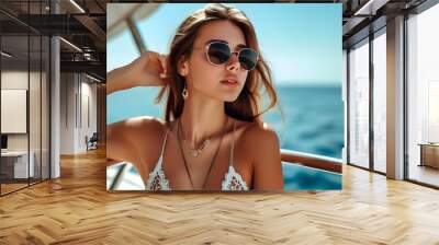 Stylish young woman in sunglasses enjoying luxury yacht life, embodying summer travel and freedom in a glamorous vacation setting Wall mural