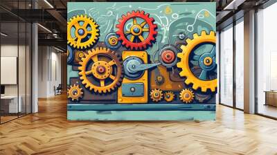 Stylized doodle illustration of a machine with cogs and wheels representing the concept of function in programming, perfect for educational and tech content Wall mural