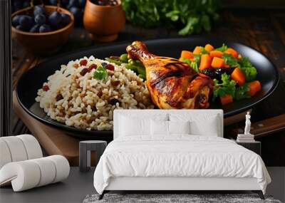 Succulent baked chicken drumsticks paired with savory brown rice pilaf, vibrant vegetables, and sweet raisins on a sleek black platter Wall mural