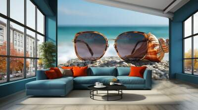 Sunglasses resting on beach rocks beside a conch shell on a sunny shore Wall mural