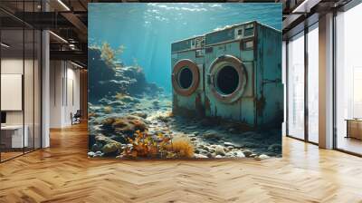 Sunken laundromat transformed by ocean life, showcasing the haunting beauty of decay beneath the waves Wall mural