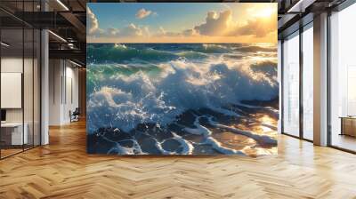 Sunlit Ocean Waves Crashing with Power Wall mural