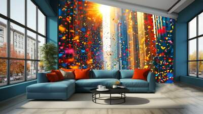 Sunlit skyscrapers adorned with vibrant confetti, capturing the spirit of a lively urban celebration

 Wall mural