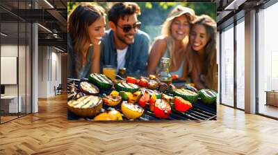 Sunny backyard barbecue gathering with friends savoring grilled vegetables and kebabs, enjoying fun and laughter outdoors. Wall mural