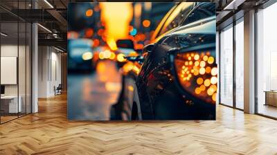 Sunset city traffic with close-up of modern car tail lights creating a vibrant bokeh effect Wall mural