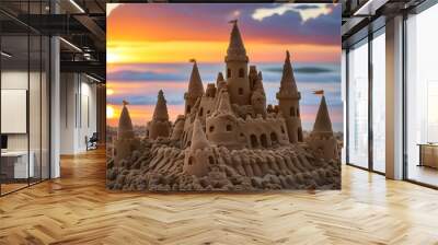 Sunset view of childrens sand castle on a serene ocean beach Wall mural