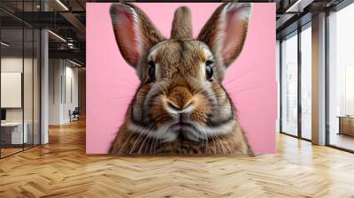 Surprised brown rabbit portrait against a vibrant pink background, captivating gaze directed at the camera Wall mural