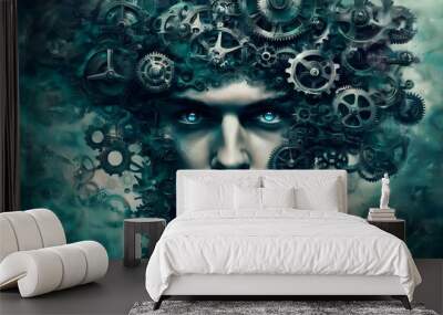 Surreal depiction of a man with gears and cogs emerging from his head, representing intricate thought processes and the mechanics of the mind Wall mural