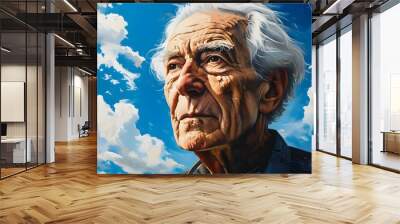 Surreal portrait of an elderly man with white hair amidst clouds in a blue sky, reflecting the urgent themes of climate change Wall mural