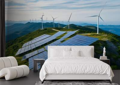 Sustainable energy landscape featuring a solar panel atop a hill adjacent to a wind farm Wall mural