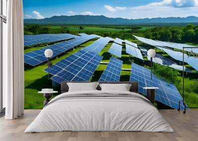 Sustainable solar panels capturing sunlight on a green landscape beneath a bright blue sky Wall mural