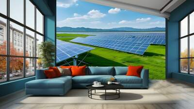 Sustainable solar panels capturing sunlight on a green landscape beneath a bright blue sky Wall mural