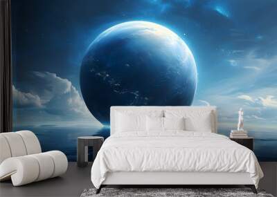 The beautiful earth looks particularly spectacular against the open cosmic background, and the blue ocean and land are clearly visible. Wall mural