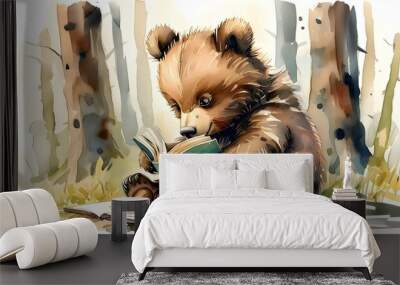 The cute bear sat on the grass and read a book attentively, in watercolor style Wall mural