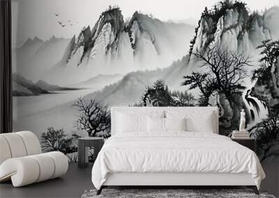 The quiet mountain ink paintings show the beautiful scenery of mountains, lakes and ancient buildings. Wall mural