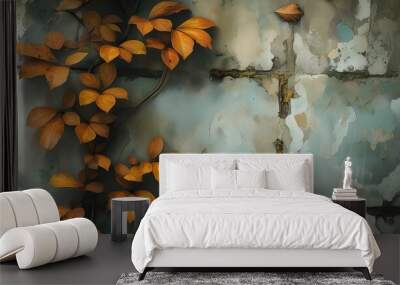 The walls are covered with golden autumn leaves, a tranquil natural scene. Wall mural