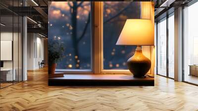 The warm desk lamp illuminates the window sill, the scenery outside the window is blurred, and the unique vases and plants add a touch of vitality. Wall mural