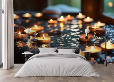 Tranquil ambiance of a serene spa with flickering candlelight Wall mural