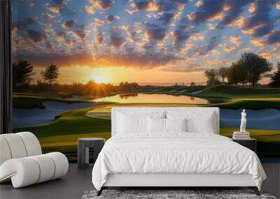 Tranquil golf course bathed in warm sunrise light beneath a sky adorned with soft clouds Wall mural