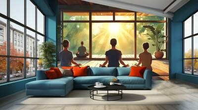 Tranquil Group Meditation Session with Sunlight Streaming Through Large Windows Wall mural