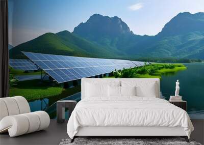 Tranquil landscape of solar panels on water, framed by majestic mountains and vibrant greenery, showcasing the beauty of renewable energy efforts Wall mural