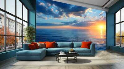 tranquil seascape at sundown with vibrant blue sky and golden sun reflecting on the serene waters Wall mural